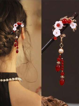 1 pièce Épingle à cheveux en bois 3D, décoration de fleur blanche semi-circulaire, couronne à motif de feuille d'or, pendentif à gland perlé, accessoire de coiffure chignon, style palais vintage, haut de gamme, convient pour les tenues de soirée, les fêtes, les festivals, les cadeaux, la Saint-Valentin, les accessoires de maquillage pour femmes