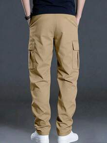1 件男士多口袋纯色工装裤，休闲宽松夏季海滩度假裤，适合日常通勤、锻炼、户外、徒步旅行、健身、慢跑、日常穿着，直筒夏季街头风格，秋季 - 卡其色 - 查看 3