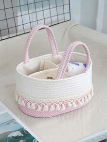 1pc Handmade Large Baby Diaper Basket, Toy Storage Bin, Woven Divided Portable Tote With Tassels - Multicolor - View 14