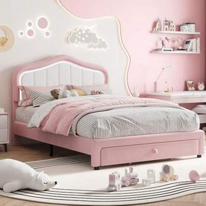 Marco de Cama tapizado de tamaño matrimonial con cajón de Almacenamiento y cabecera LED, Cama de Plataforma Completa para niños, Soporte de Listones de Madera, no Necesita somier, fácil