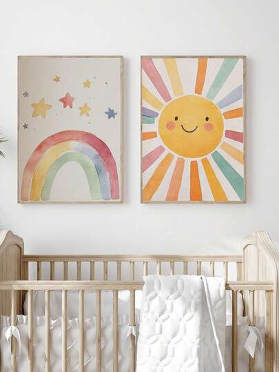 1幅帆布墙画，带框婴儿房墙面装饰阳光游戏室挂画_阳光游戏室海报，水彩彩虹印花水彩婴儿房装饰，婴儿房墙面装饰，阳光主题墙面装饰，女孩房装饰，女孩婴儿房墙面装饰，女婴，男婴，女孩卧室，女孩婴儿房墙面装饰，婴儿用品