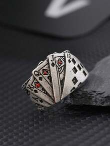 1pc Men's Retro Adjustable Opening Ring, Fashion Personalized Exaggerated Poker Style Party Accessory - Antique Silver - View 9