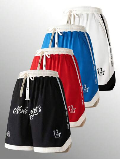 Pantalones cortos deportivos de hombre con estampado de letras y cordón en la cintura, adecuados para entrenamiento y salidas casuales
