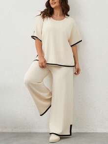 Women's Plus Size 2 Piece Summer Travel Lounge Set Short Sleeve Pullover Top & Wide Leg Pants - Apricot - View 1