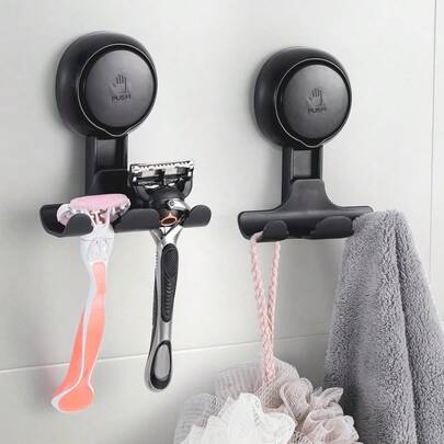 Razor Holder For Shower 2 Pack Vacuum Bathroom Suction Hook Reusable For Towel, Robes, Razor, Bath Ball, Damage-Free Wall Shower Hook Shaver Holder Multipurpose Hanging, Black