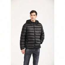 Lightweight Men's Puffer Jacket – Hooded Cotton-Padded Zipper Coat For Winter Cold Weather, Comfortable Travel Outerwear & Christmas Gift Option - 黑色+牛仔布 - 查看 10