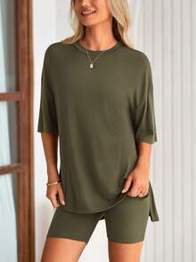 PRETTYGARDEN Women's Summer Clothes 2 Piece Sets Lounge Set Casual Oversized Shirts Biker Shorts Matching Airport Travel Sweatsuit Set Women Vacation Outfit Army Green Summer Brunch Outfits For Women - 軍綠色 - 查看 6