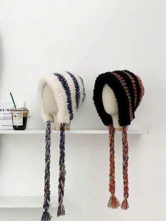 Färgglad fuzzy stickad mössa med flätad knytband för kvinnor, kontrastfärgad häxhatt med pompom, flätad öronlapp, mångsidig handstickad hinkhatt med snören