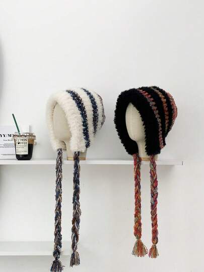 Colorful Fuzzy Knit Beanie Hat With Braided Tie For Women, Contrast Color Witch Maillard Bucket Hat With Pom Pom, Braided Earflap Trapper Hat, Versatile Handmade Knitted Bucket Hat With Strings