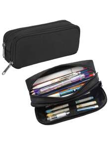 Large Capacity Double-Layer Pencil Case, Korean Style Creative Stationery Box, Multi-Functional Storage Box, Organizational Tool Pouch, Suitable For Students And Office Workers, Durable And Sturdy, Minimalist Multi-Purpose (Black) - Black - View 6