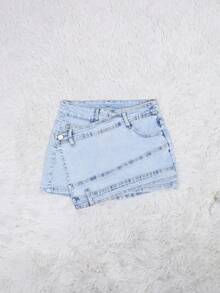 Y2K 紧身牛仔迷你裙 Hottie Street 复古撞色明线重叠腰部弹力包裹不对称下摆日常休闲夏季海滩度假性感女裙