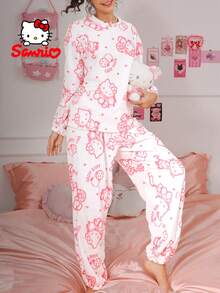 Sanrio 三丽鸥两件套女士Hello Kitty睡衣，Hello Kitty睡衣，三丽鸥睡衣，粉白配色，保暖舒适，字母爱心印花，圆领睡衣套装，可爱睡衣套装，家居服套装 - 白色 - 查看 3