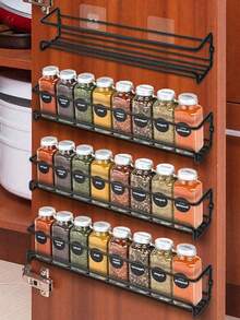 1 Or 2 Pieces Black/Silver Box Iron Spice Rack, With Two Installation Methods: No-Hole Adhesive And Screw Hole, Space-Saving Spice Jar Rack, Cabinet Door Wall Storage Herb Cabinet Wire Spice Rack Design, Suitable For Kitchen Drawer Door - Multicolor - View 1