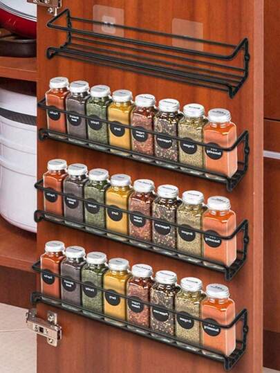 1 Or 2 Pieces Black/Silver Box Iron Spice Rack, With Two Installation Methods: No-Hole Adhesive And Screw Hole, Space-Saving Spice Jar Rack, Cabinet Door Wall Storage Herb Cabinet Wire Spice Rack Design, Suitable For Kitchen Drawer Door