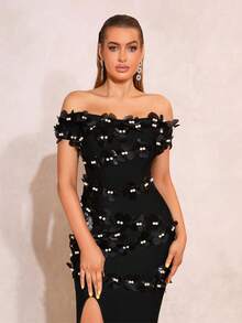 New Heavy Industry Women's Sexy Pink Off Shoulder Sleeves Single Neck Luxury Pearl 3D Flower Decoration Wedding Bridesmaid Dress Tight Wrapped Long Dress Women's Formal Banquet Party Dress - Black - View 2