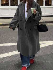 Plus Size Women's Elegant Solid Color Long Sleeve Pocket Woolen Trench Coat, Double-Breasted Wool Overcoat, Christmas Women's Clothing, Elegant Women's Blouses