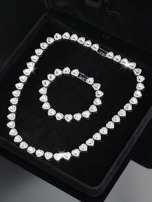 2pcs Heart-Shaped Cuban Link Necklace & Bracelet Set, Unisex, Hip Hop Style, Luxury Jewelry Set, Great Gift For Valentine's Day, Birthday, Christmas - Love - View 4