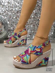 Dép xăng đan nữ đế xuồng dày in họa tiết cầu vồng kiểu Bohemian hở mũi, tăng chiều cao, chống trơn trượt, mẫu mới xuân hè 2025, dép lê đa năng ngoài trời, giày thời trang gợi cảm, dép đi biển phối màu, dép thoải mái hở mũi in họa tiết tăng chiều cao cho người thấp bé, giày dự tiệc, lễ hội. - Màu xanh hải quân - Xem 2