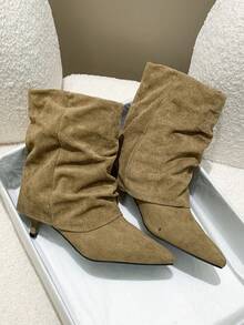 女士时尚靴子，翻边靴，中筒细跟褶皱靴，2025秋冬新款女鞋，棕色中筒靴，细腿靴 - 卡其色 - 查看 2