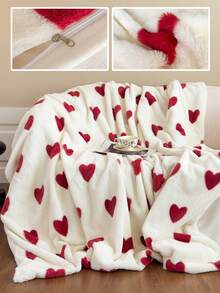 1 chiếc chăn bông họa tiết trái tim, mềm mại, ấm áp (có khóa kéo, có thể dùng làm vỏ chăn), 2 trong 1, dùng để trang trí nhà cửa và làm quà tặng ngày Valentine, phù hợp cho giường, ghế sofa, văn phòng, phòng ngủ, ký túc xá, có thể giặt máy. - Đỏ và trắng - Xem 1