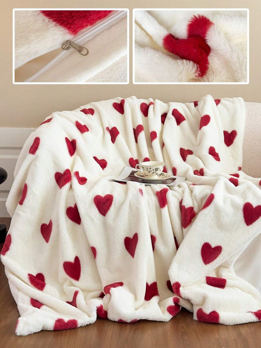 1 chiếc chăn bông họa tiết trái tim, mềm mại, ấm áp (có khóa kéo, có thể dùng làm vỏ chăn), 2 trong 1, dùng để trang trí nhà cửa và làm quà tặng ngày Valentine, phù hợp cho giường, ghế sofa, văn phòng, phòng ngủ, ký túc xá, có thể giặt máy. - Đỏ và trắng - Xem 1