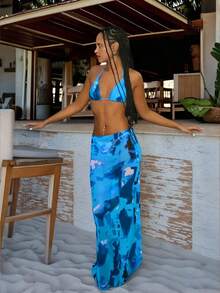 女士夏季沙滩扎染露背性感比基尼套装，含罩衫和裙子 - 彩色 - 查看 1