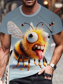 Unisex 3D Print T-Shirt - Cartoon Bee Graphic All-Over Print, Soft Stretch Knit Fabric, Regular Fit Crew Neck Short Sleeve Tee For Summer, Streetwear & Festival Outfit, Machine Washable, Dope Gift Idea, Casual Wear, Playful Design, Comfortable Knit - 混合色 - 查看 3