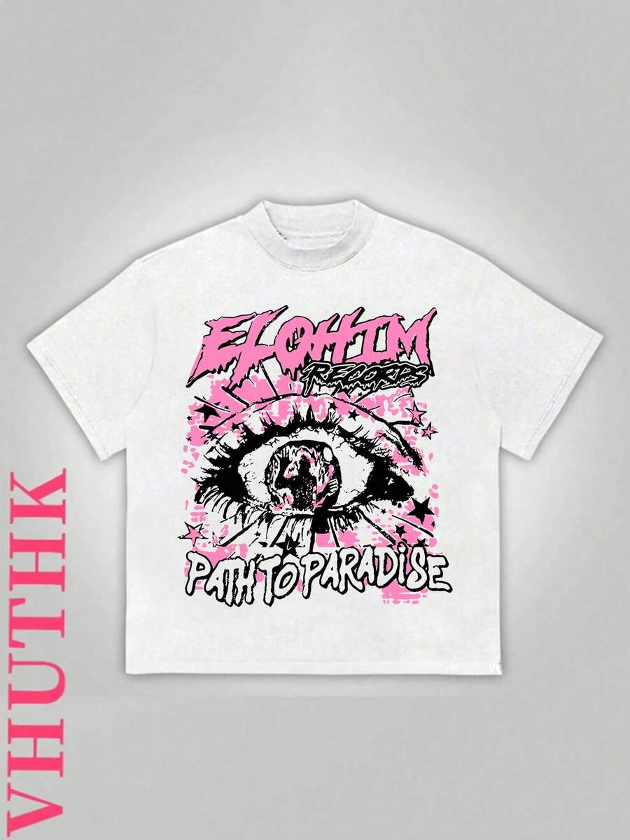 (220 Pure Cotton T-Shirt)    Men's Summer Round Neck Short Sleeved Casual Pure Cotton Print  Y2K Style Hand Drawn - 白色 - 查看 1