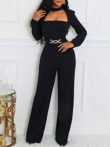 Women's Stylish Elegant Long Sleeve Jumpsuit - Square Neckline, Metal Buckle Detail, Perfect For Office, Daily Outings & Formal Occasions - 黑色 - 查看 2