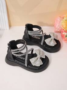 女童凉鞋，时尚中童及大童软底露趾水钻蝴蝶结平底公主沙滩凉鞋，夏季 - 黑色 - 查看 7