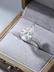 1pc Shiny Teardrop Shaped 925 Sterling Silver Ring, Elegant Teardrop Design With Sparkling Crystal, Ideal For Daily Wear Or Parties - Sparkling Water Drop Ring - View 4