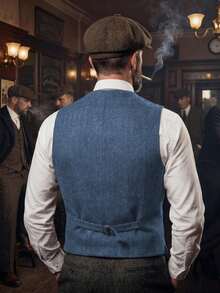 1pcs Men's Vintage Classic Herringbone Pattern Suit Vest V-Neck Casual Wool Blend Waistcoat For Men Business Casual And Formal Wear - Màu xanh nhạt - Xem 2