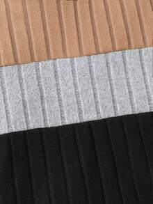 Young Boy Patchwork Contrast Color Ribbed Brushed High Neck Sweatshirt - Camel - View 6