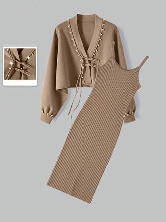 Women's Casual Retro Minimalist Elegant French Fashion Commute Comfortable Office Date Vacation Solid Color Ribbed Knit Sweater Dress Long Dress Set, Daily Wear, Date, Spring, Winter, Autumn, Early Spring, Early Autumn