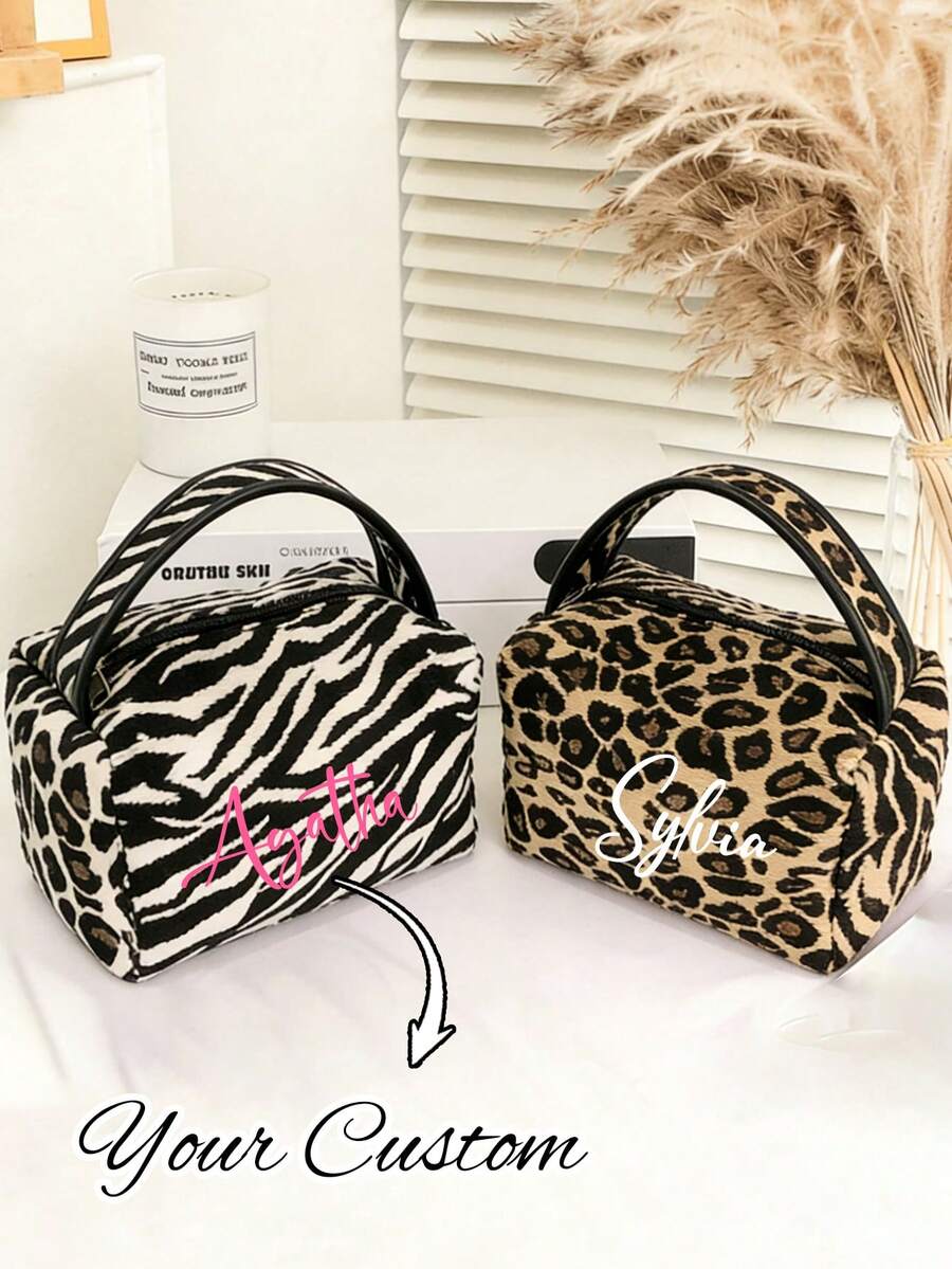 Customizable Makeup Bag , Personalized Leopard Print&Zebra Stripes Makeup Bag, Hand-Held Makeup Bag,Can Customize Name,Travel Pouch, Toiletry Bag,Chic Autumn And Winter Makeup Bag,Multi-Functional