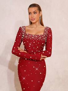New Fashionable Bandage With High-End Texture, Heavy-Duty Hot Stamping Handmade Nail Beads Sexy Square Neck Gowns Formal Dinner Birthday Party Gowns - Burgundy - View 7