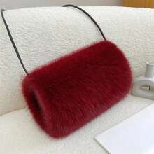 Faux Fur Hand Warmer Muff Portable Warm Plush Hand Cushion With Strap For Winter Outdoor Activity - Burgundy - View 2