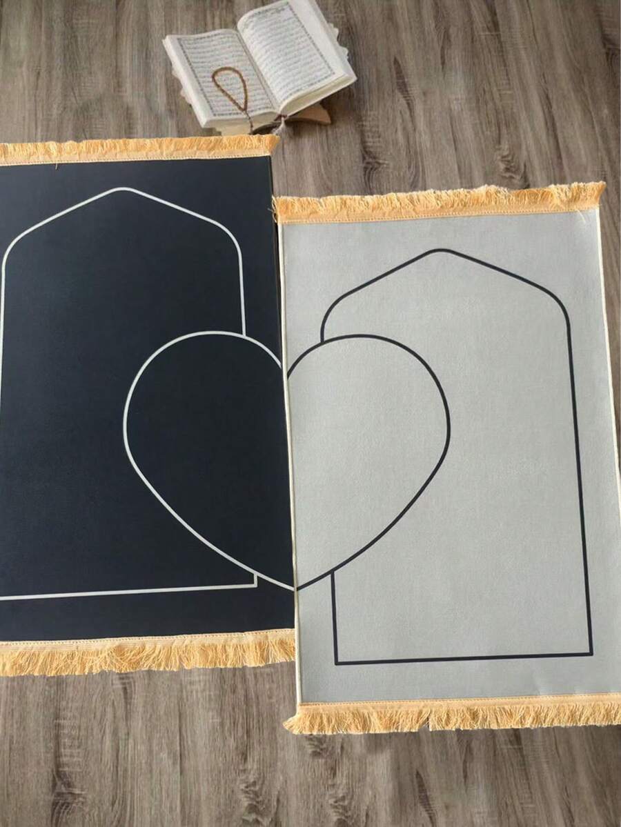 2 件套祈祷垫，黑白心形图案，方形祈祷毯，仪式用品，场景装饰道具，印花地毯，适用于节日派对、礼品、家居装饰、穆斯林祈祷用品、伊斯兰祈祷垫。 - 彩色 - 查看 1