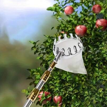 1pc 74-Inch Extendable Fruit Picker Tool - High-Reach Stainless Steel Telescopic Rod, Shock-Absorbing Basket For Apples Persimmons Mangoes Loquats, Garden Harvesting Tool