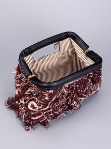 Nuovi borsette a manico tondo con frange e motivo artistico in bordeaux per donna, design originale in stile rock hippie, borsa versatile per pendolarismo, borsa hot girl Y2K. Perfetta per look Harajuku hot girl, pendolarismo, stile di strada, feste, look quotidiani