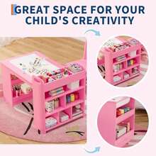 Mesa de arte infantil de 49 pulgadas, mesa grande para manualidades con 2 sillas, computadora de arte multifuncional con estantes de almacenamiento para habitación de los niños, jardín de - Rosa - Ver 6