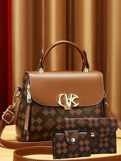 三件套复古 PU 斜挎包，复古旋锁单肩包，女士时尚手提包和钱包