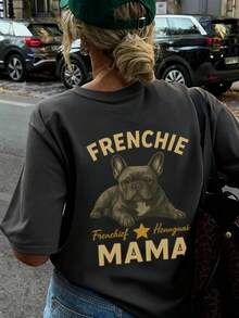 1件女士夏季休闲宽松圆领短袖T恤，斗牛犬、妈妈、英文字母印花 - 深灰色 - 查看 5