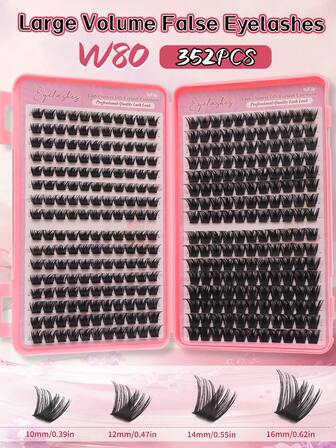 352片/套 高浓密D卷假睫毛，W型，W80，D卷，长度10-16mm混合，0.07mm超细，DIY睫毛嫁接，适合日常妆容、卡通角色扮演，新手友好，可用于日常生活、婚礼、约会、派对、音乐节、万圣节等场合。