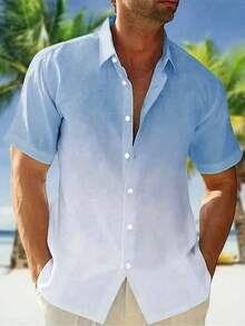 Men's Ombre Short Sleeve Button Down Collar Shirt, Suitable For Summer Vacation, Hawaiian Style - Baby Blue - View 1