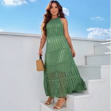 Long Green Crochet Dress – Elegant, Feminine, And Timeless - 綠色 - 查看 2