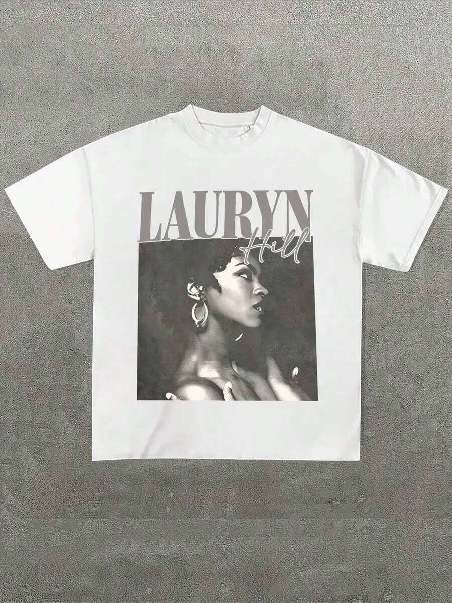 Plus Size Men Lauryn Hill Portrait Print Casual Soft Short Sleeve Pure Cotton 220gsm T-Shirt - 白色 - 查看 1