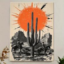 Póster de lona con marco de madera de 1 unidad-arte Vintage de la puesta del sol del desierto con vaqueros, cactus y siluetas-Decoración de pared Retro en blanco y negro para sala de estar, oficina o Hogar, decoración del hogar occidental - Multicolor - Ver 2