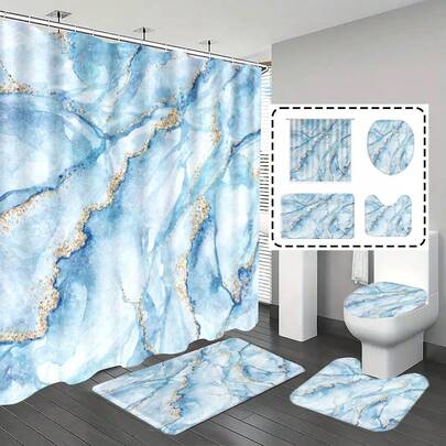 1件/4件套蓝色大理石纹浴室帘套装，含浴帘、浴室装饰、地垫，现代简约风格，含12个挂钩