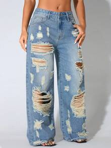Low Waist Wide Leg Casual Blue Distressed Slant Pocket Curved Hem Women Jeans Spring - Baby Blue - View 6
